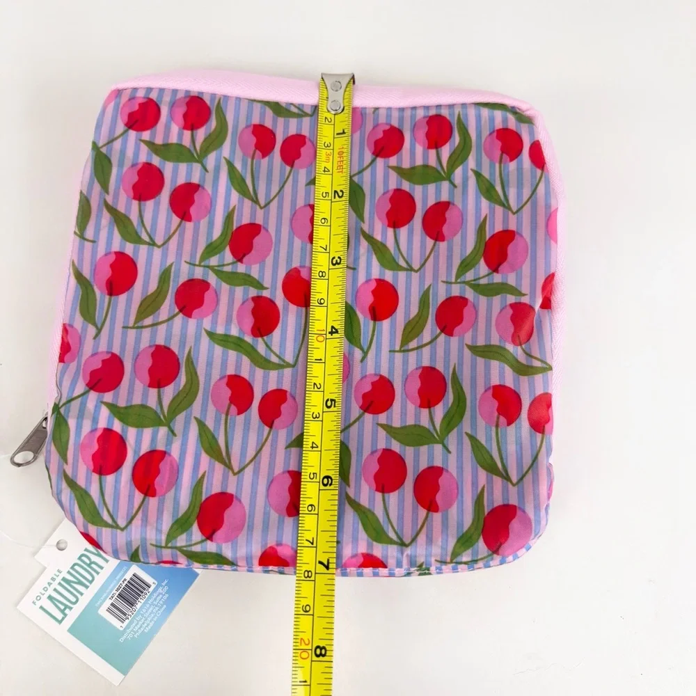 Foldable Zip Pouch Travel Cherry Blue Pinstripes Wash Me Laundry Bag New NWT